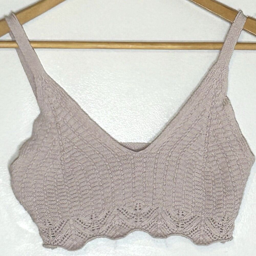 Double Zero Crochet Bralette Crop Top Small Taupe Mushroom Scallop Hem Boho Cami